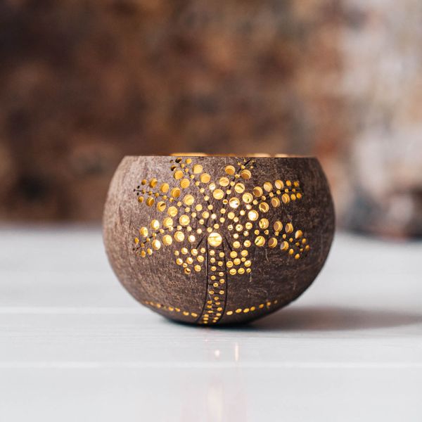 Coconut - Tea light Holder w Palm Tree Design